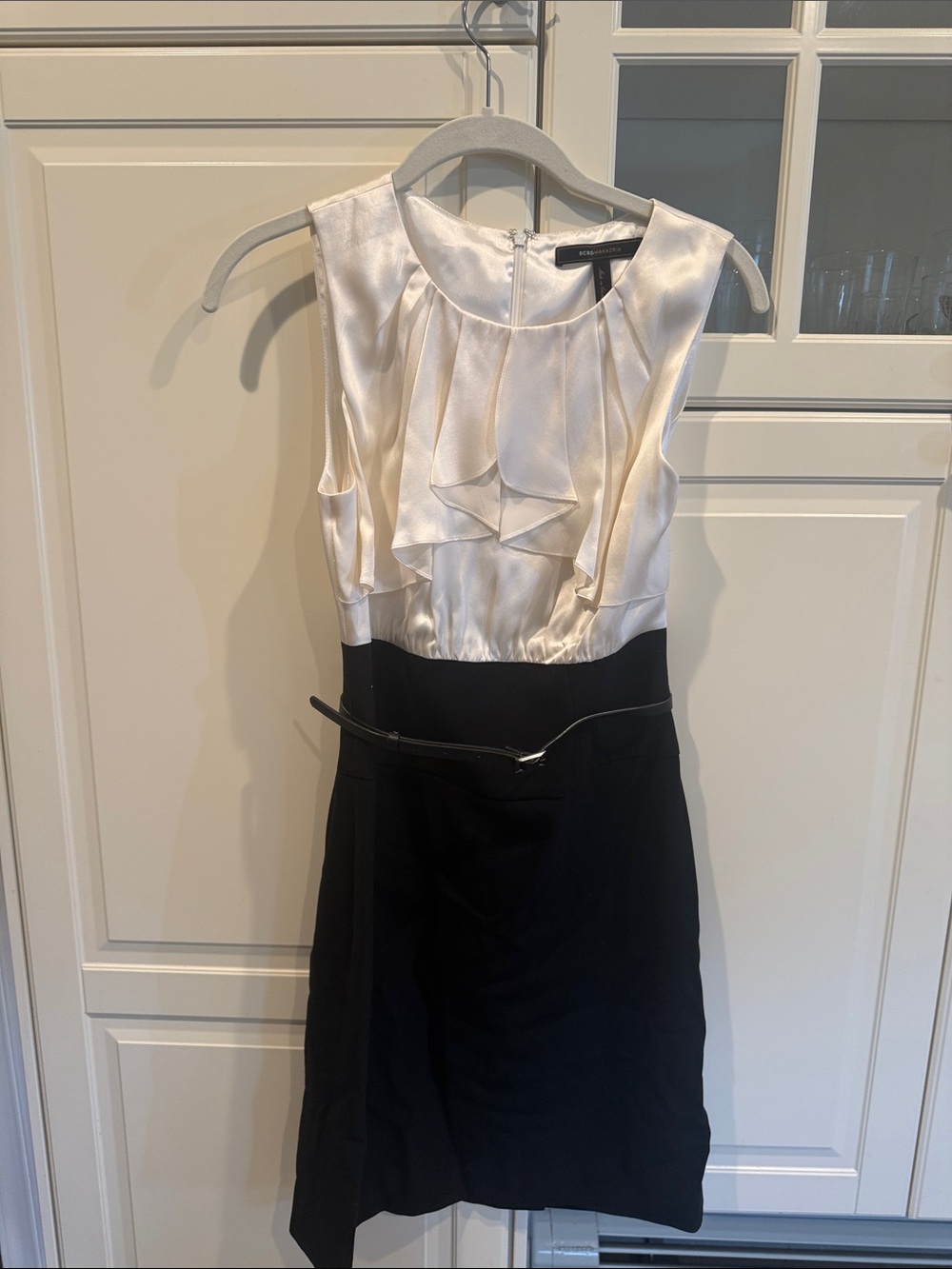 BCBGMaxAzria Ivory and Black Ruffle Sheath Dress